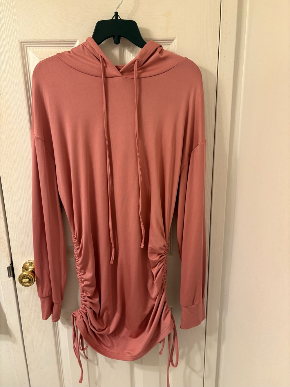 SHEIN Dusty Rose Hooded Drawstring Ruched Long Sleeve Dress